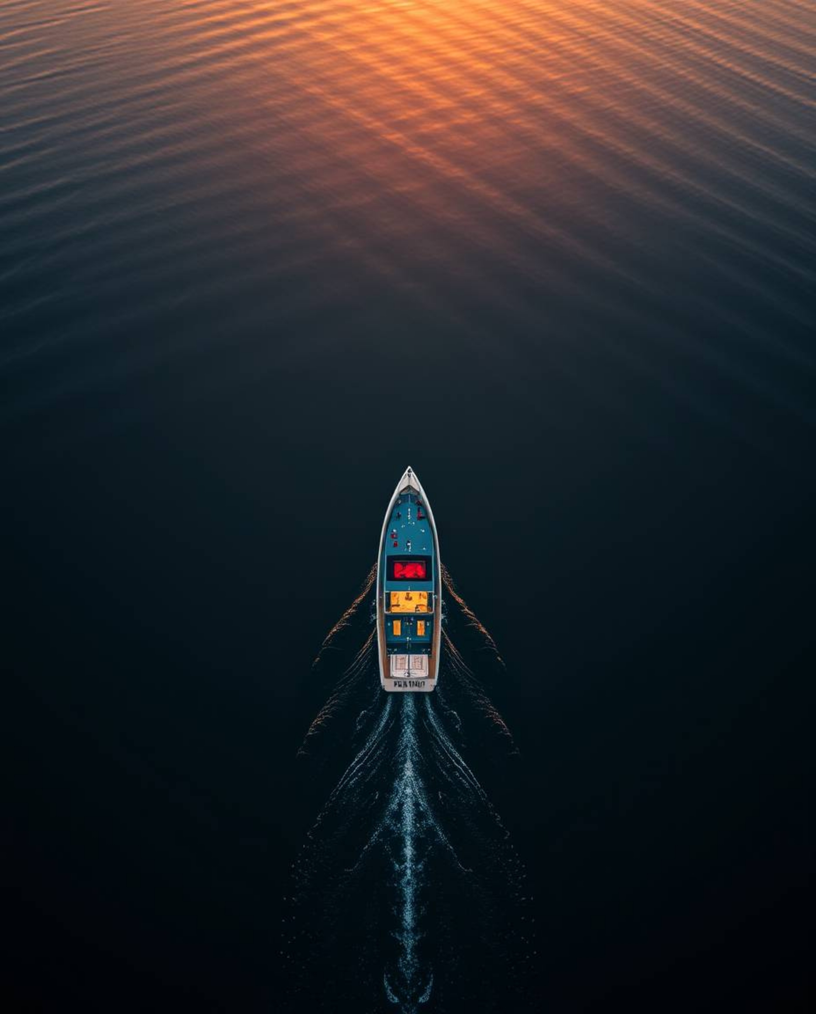 An overhead bird's-eye view captures a boat drifting on a lake at sunset. This top-down perspective uniquely showcases the sc