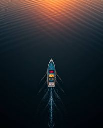 An overhead bird's-eye view captures a boat drifting on a lake at sunset. This top-down perspective uniquely showcases the sc