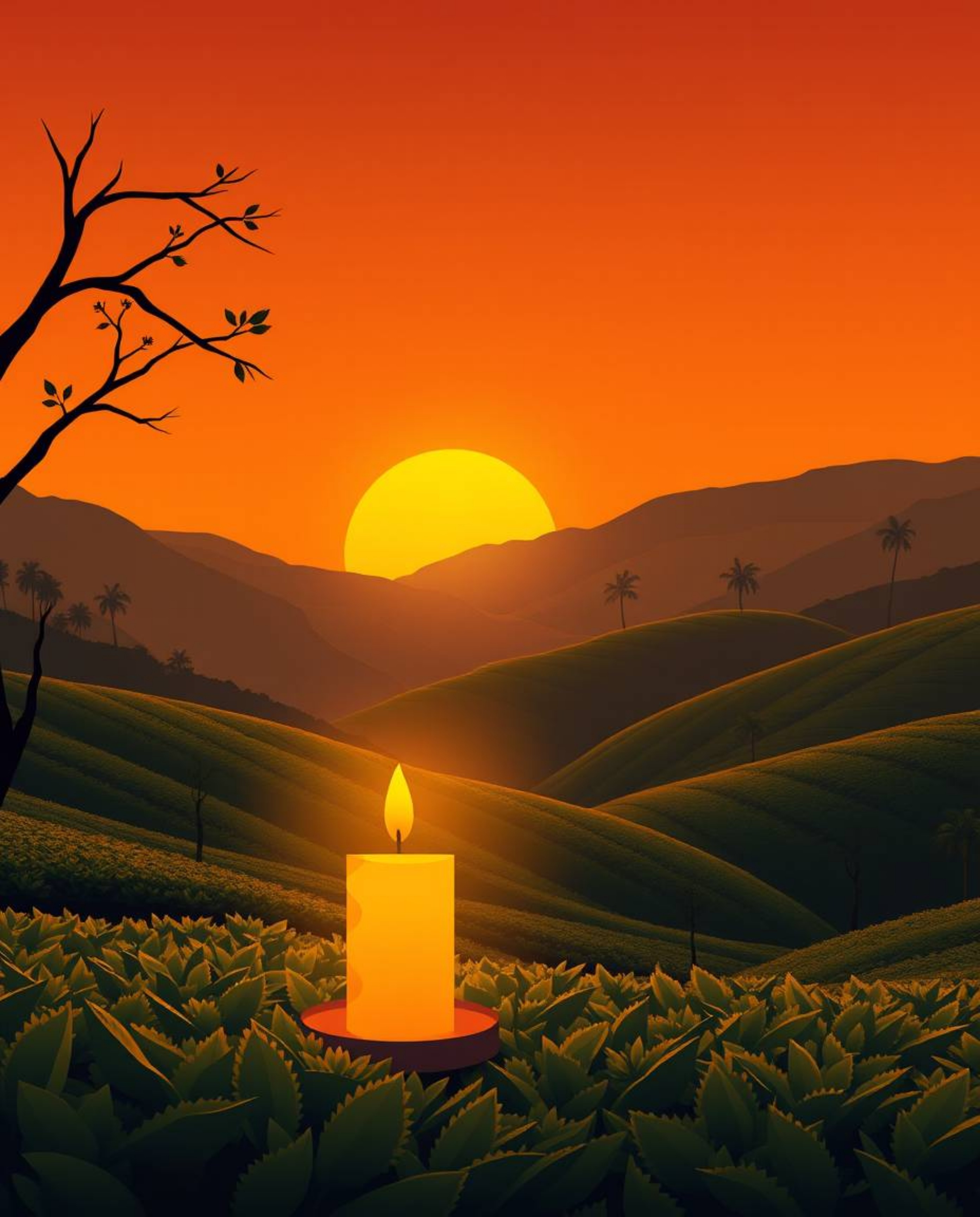 This is a modern flat design illustration capturing a warm, candlelit sunset over terraced tea plantations. The artwork uses 