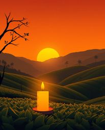 This is a modern flat design illustration capturing a warm, candlelit sunset over terraced tea plantations. The artwork uses 