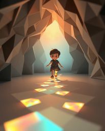 An intricate origami-style illustration depicts a low-angle view of a child with rosy cheeks embarking on an enchanting journ