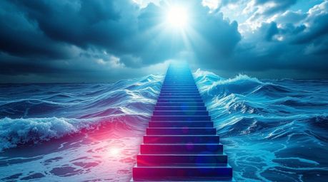 A dramatic ocean staircase rises into a stormy sky illuminated by a sunburst. The artwork features iridescent colors, abstrac