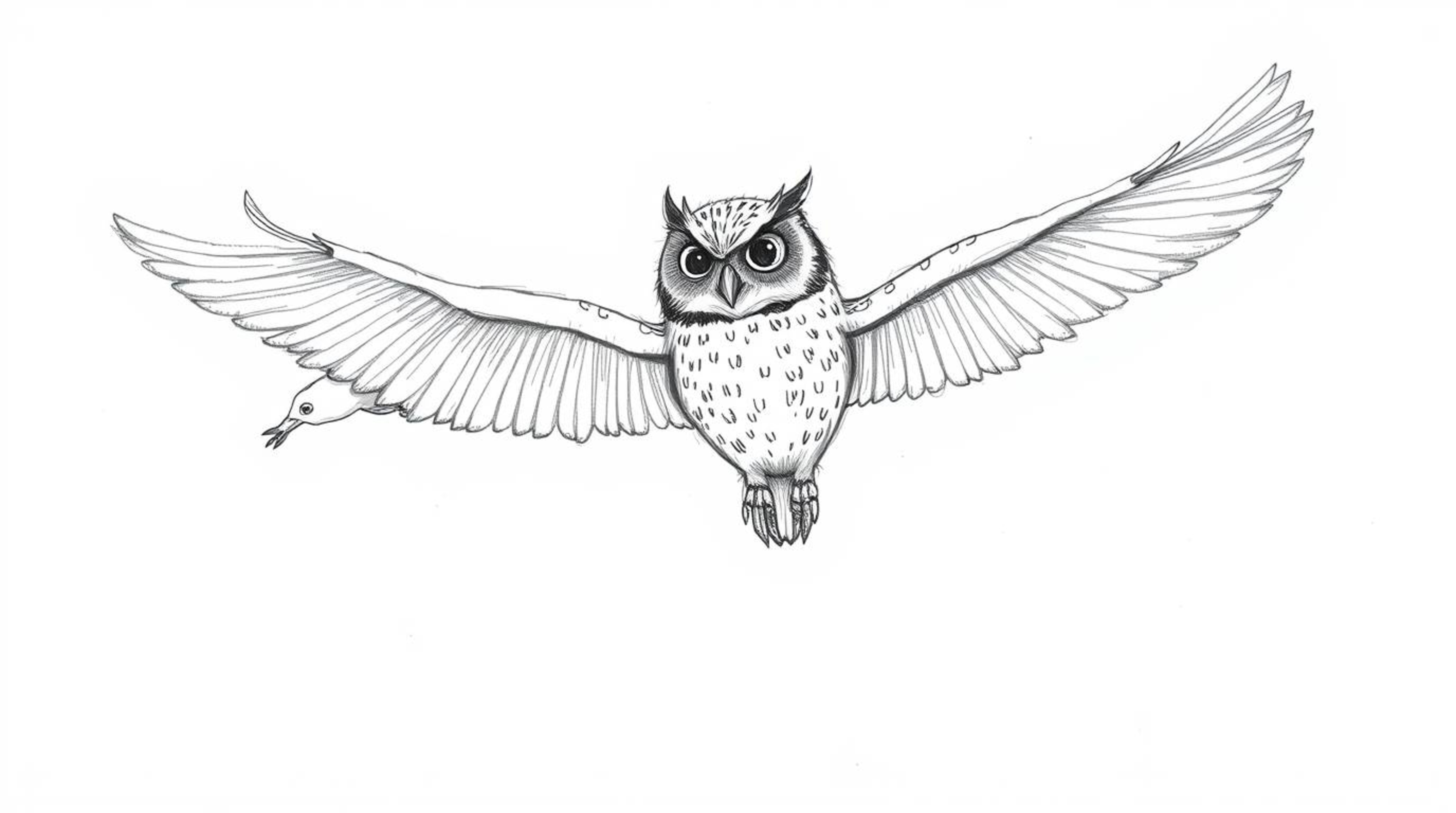 A Pixar-esque hand-drawn sketch depicting a blind owl, exuding wisdom and patience through its features, guides a flock of bi