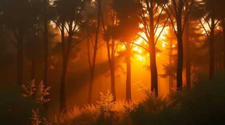 Immerse yourself in the tranquil beauty of a digital painting depicting warm golden hour light filtering through a dense fore