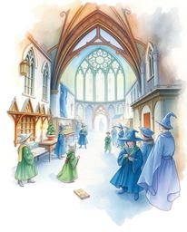 This delicate watercolor painting transports you to a magical school teeming with young wizards. Featuring graceful and elega