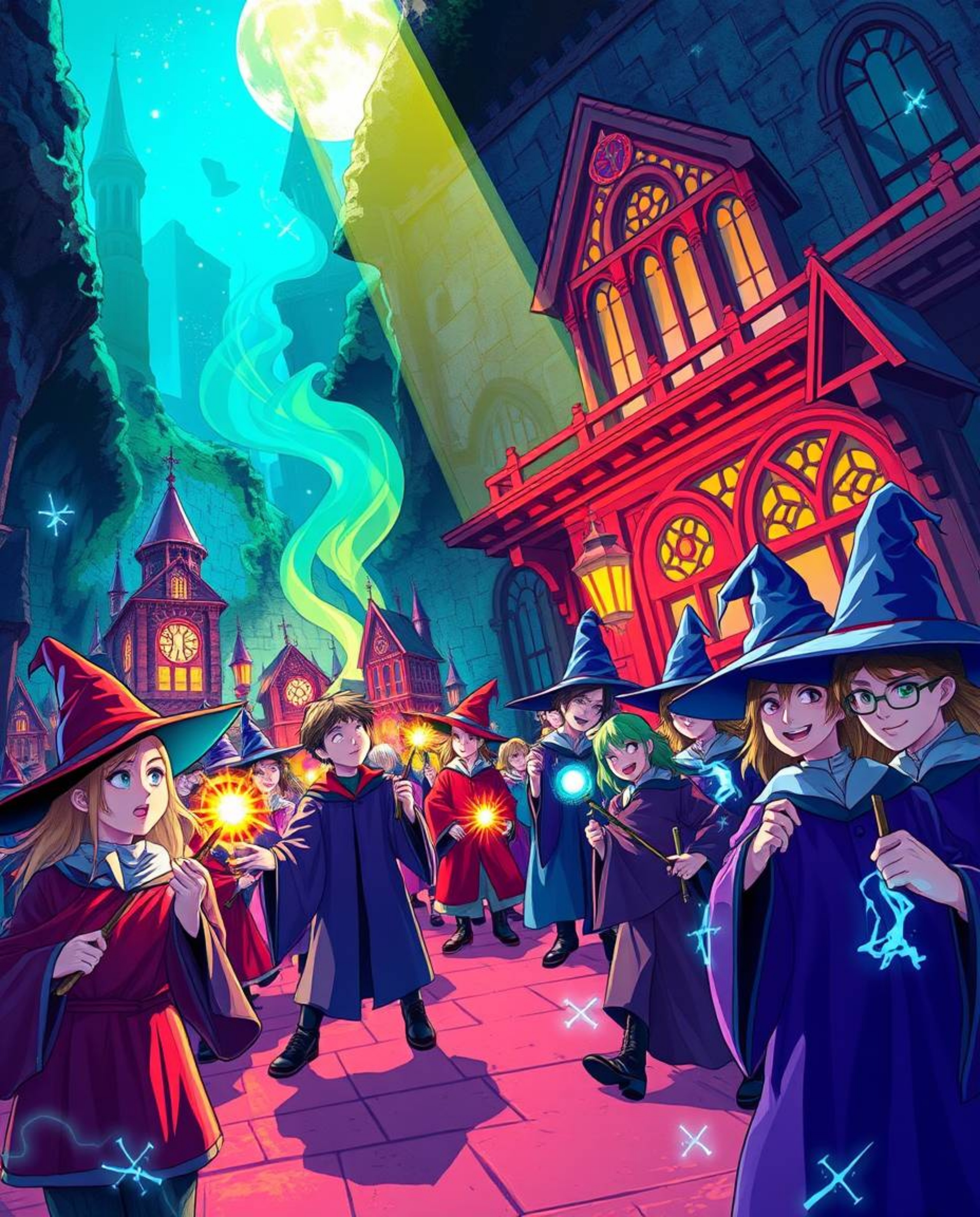 A captivating illustration depicts a vibrant magical school brimming with young wizards.  Rendered in bright, contrasting col
