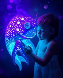 A captivating light art piece portrays an ethereal and spiritual connection between a bioluminescent sea creature and a fair-