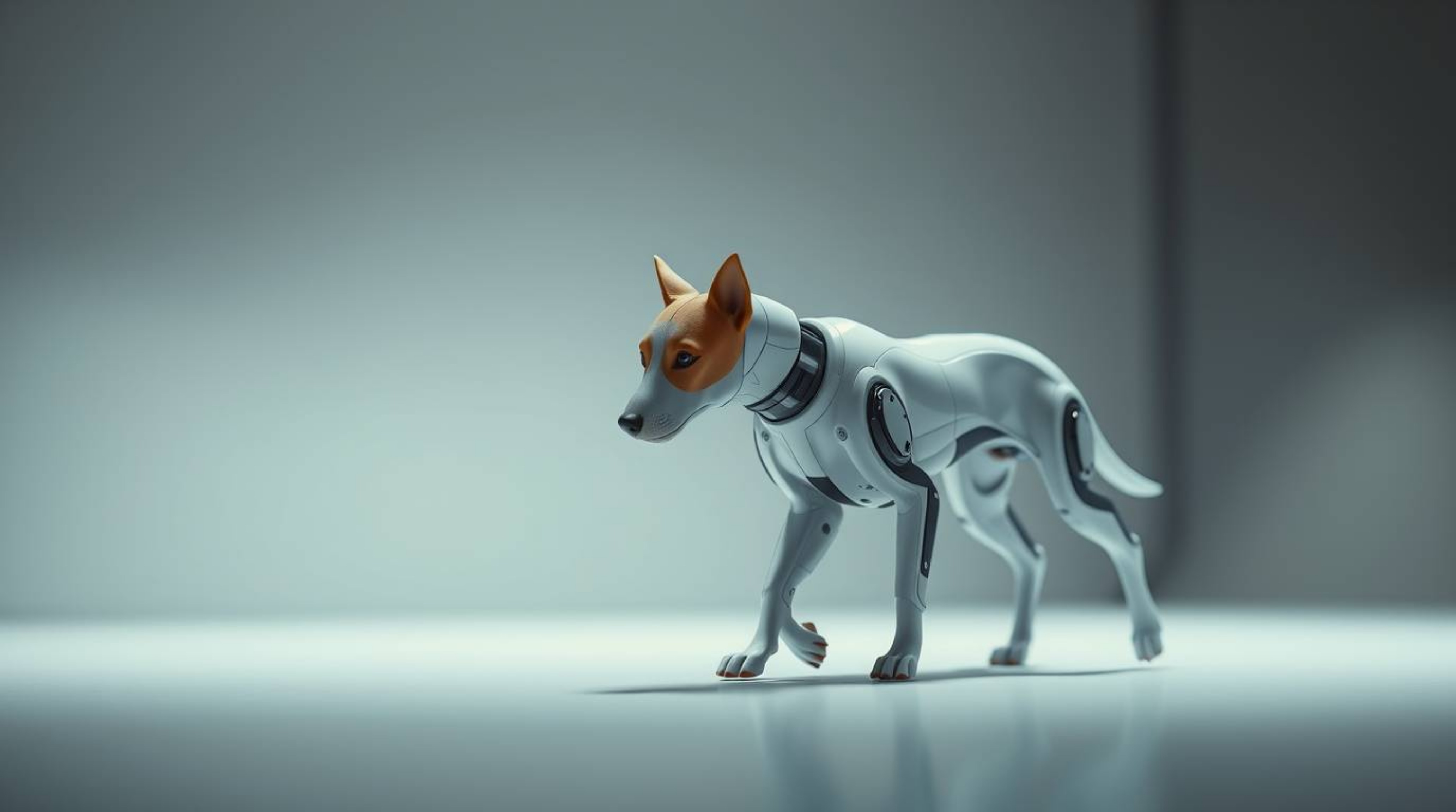A captivating image of a sharply focused, futuristic dog autonomously walking in the vast expanse of space.  Surrounded by a 