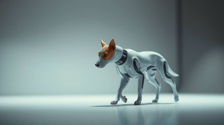 A captivating image of a sharply focused, futuristic dog autonomously walking in the vast expanse of space.  Surrounded by a 