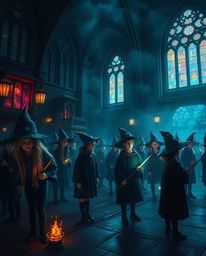 Discover a captivating image of a magical school brimming with young wizards. The scene is rendered in a moody style, featur