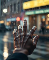 This fine art photograph captures a hand reaching towards a light source in a wet, rainy scene. The image features soft contr