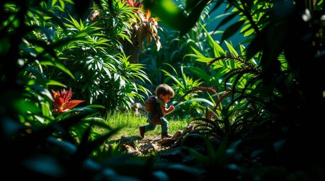 Embark on a captivating adventure with a tiny hero navigating a lush, vibrant backyard jungle.  Experience rich teal hues, st