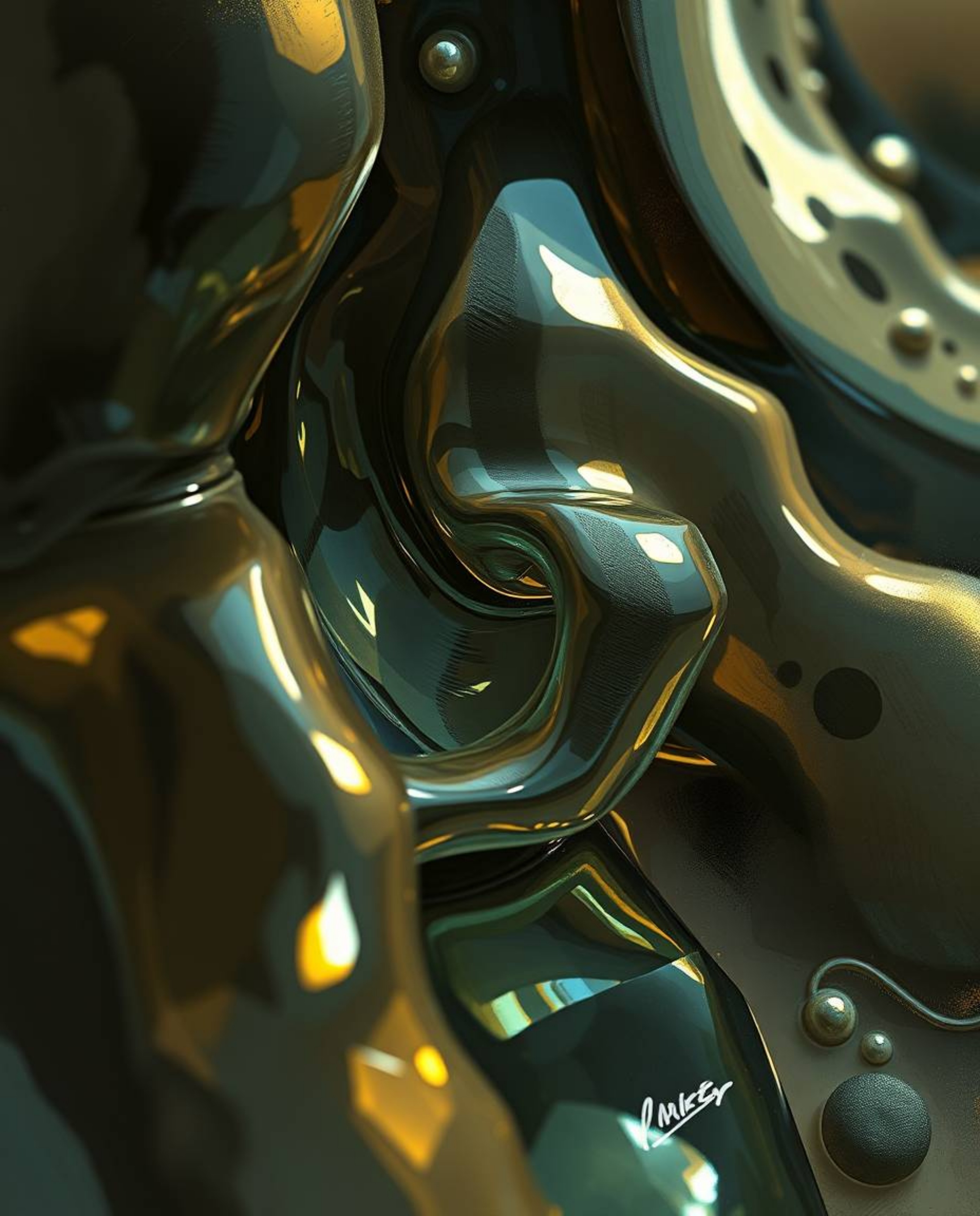 A tight close-up digital sketch showcasing sculptural 3D fluid shapes crafted from mercury.  The artwork emphasizes loose pai