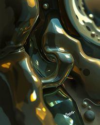 A tight close-up digital sketch showcasing sculptural 3D fluid shapes crafted from mercury.  The artwork emphasizes loose pai