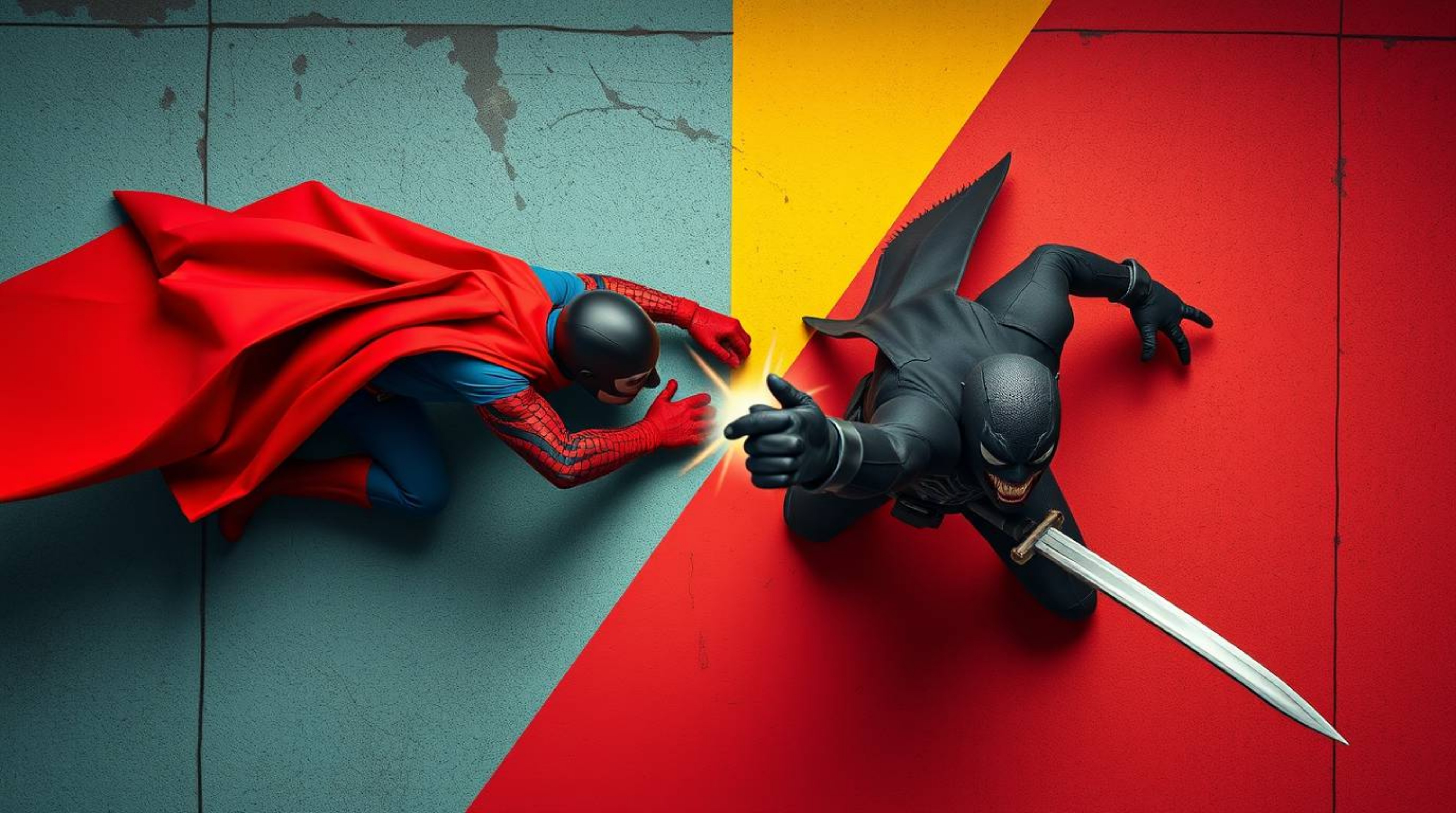 A dynamic birds-eye view showcases a dramatic battle between a powerful superhero and a comically inept villain.  Bold color 