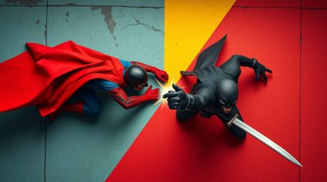 A dynamic birds-eye view showcases a dramatic battle between a powerful superhero and a comically inept villain.  Bold color 