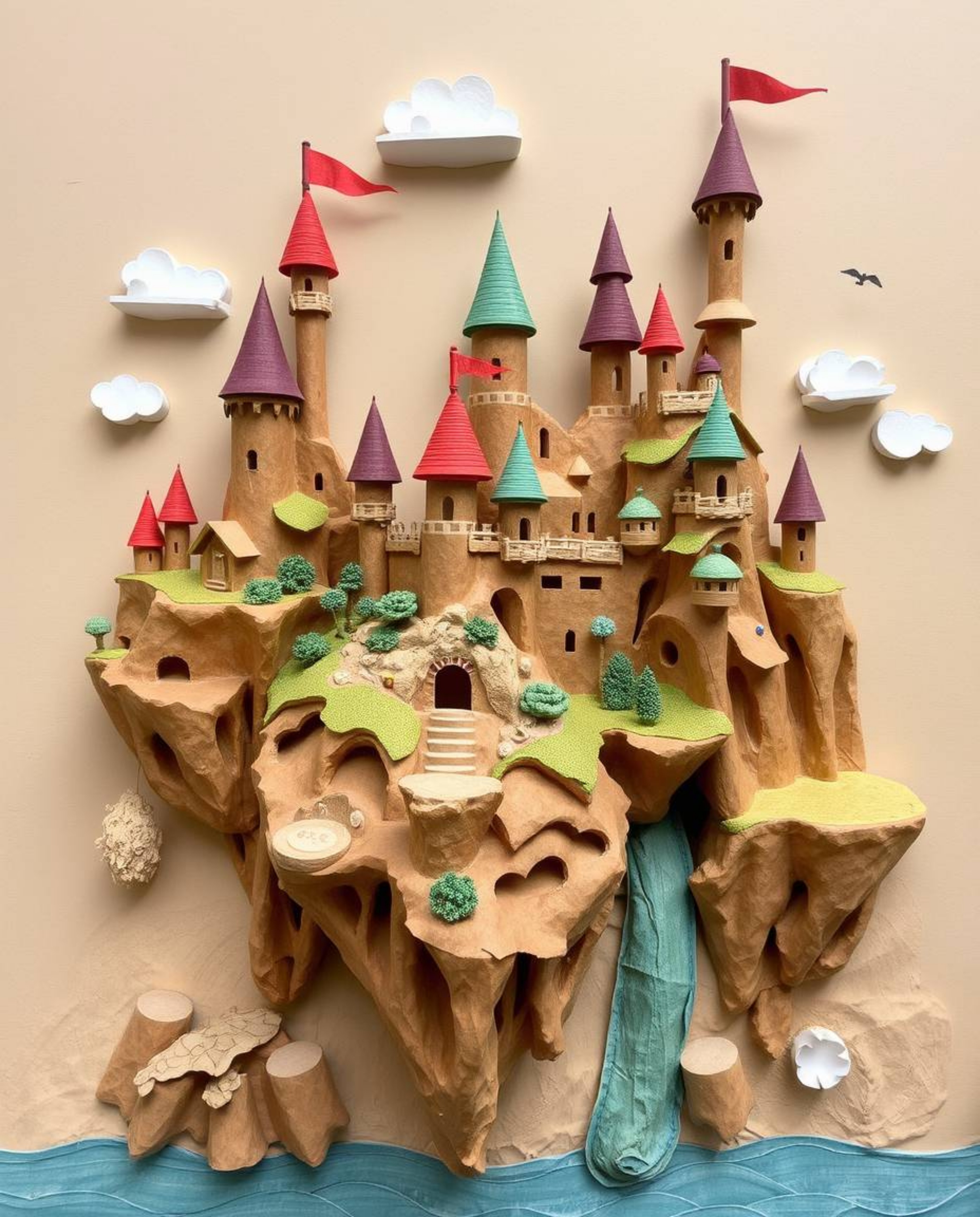 This layered papier-mâché sculpture depicts a vibrant and fantastical colorful kingdom with floating islands and majestic cas