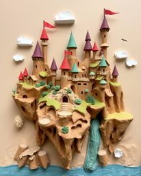 This layered papier-mâché sculpture depicts a vibrant and fantastical colorful kingdom with floating islands and majestic cas