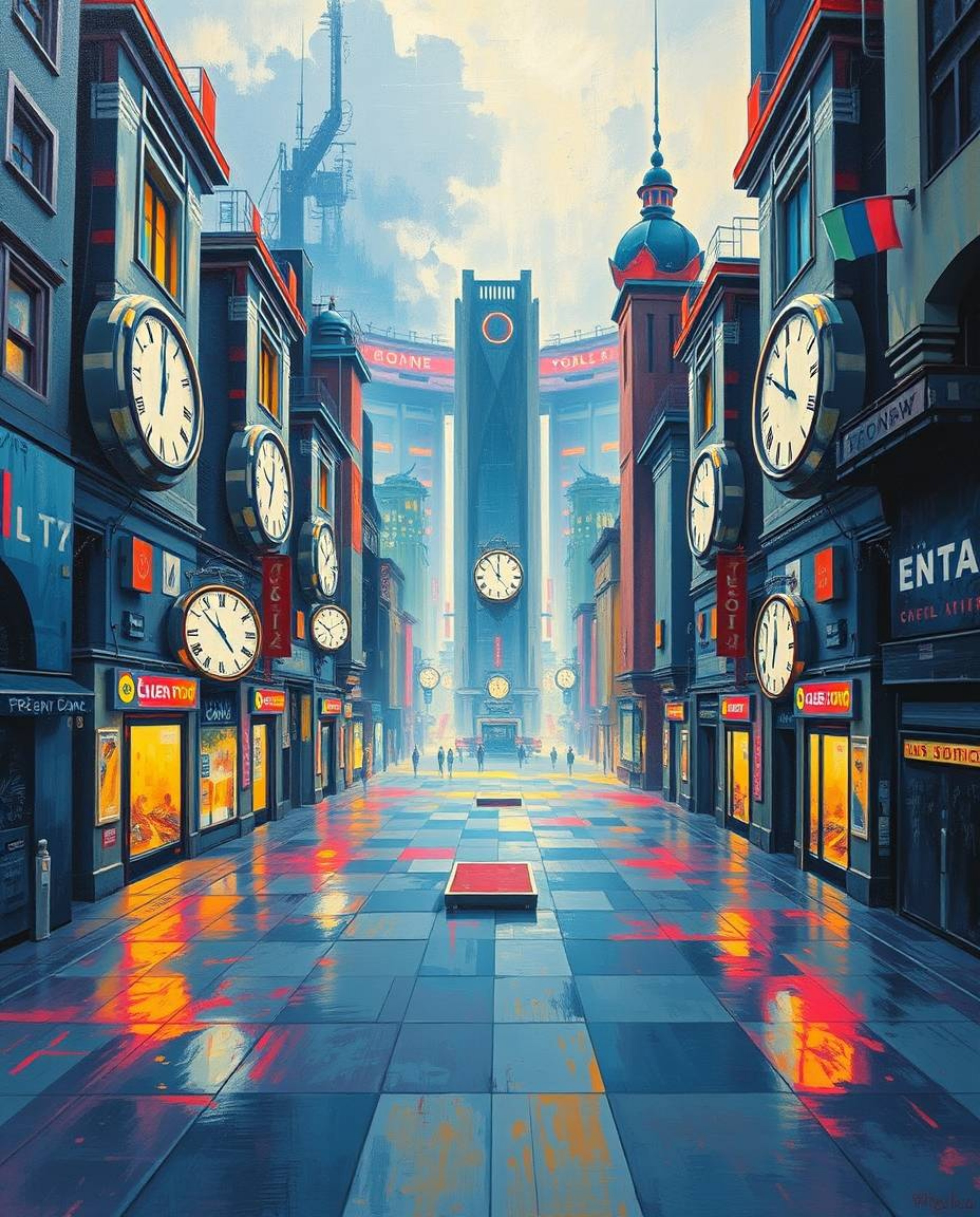 This bold acrylic painting transports viewers to an epic, modern, and futuristic empty town square, dominated by the surreal 