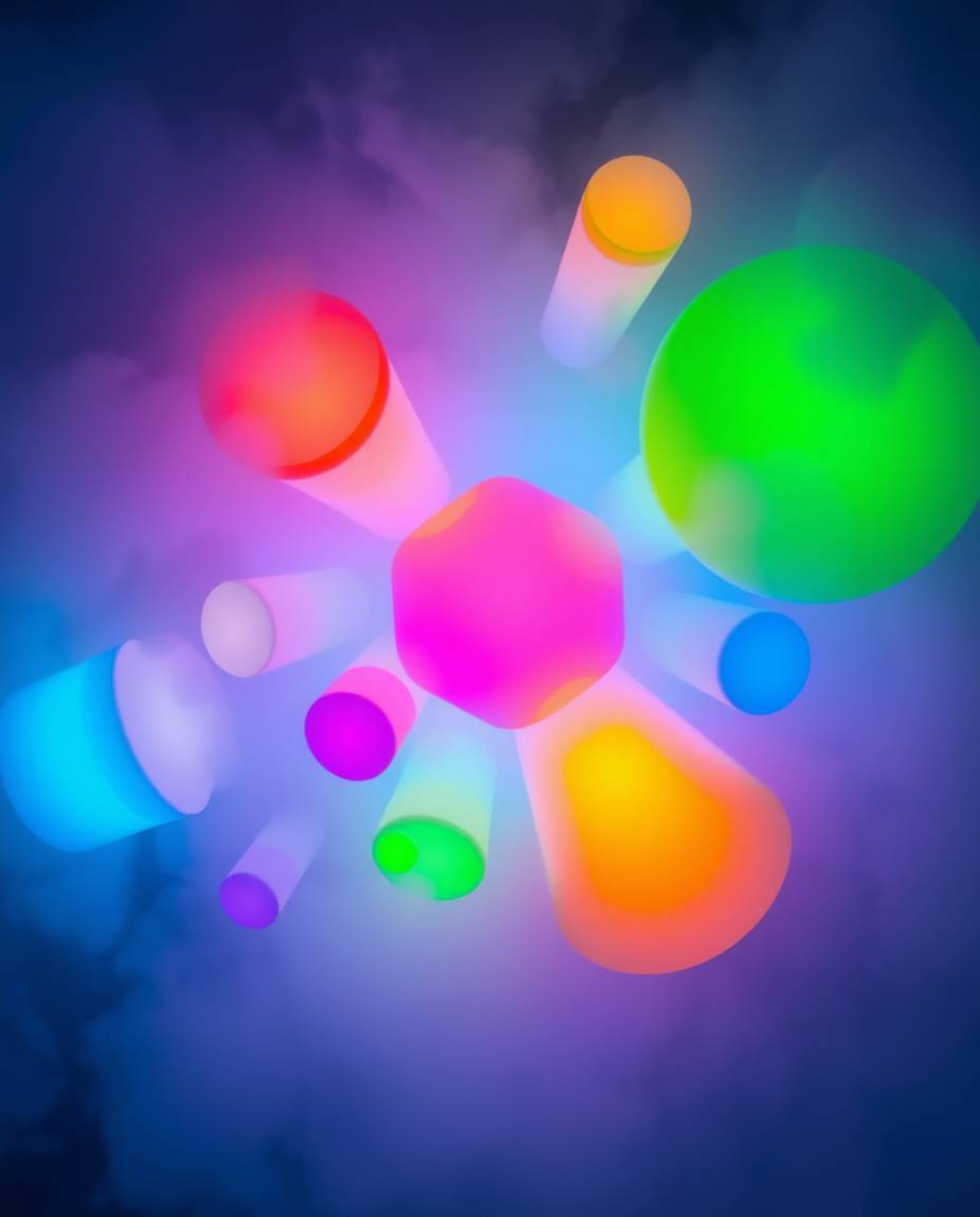 Experience a vibrant birds eye view of bright 3D shapes enveloped in a thick fog. These futuristic forms boast a smooth gradi