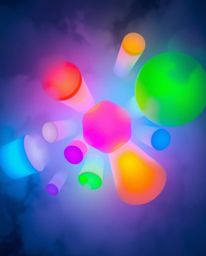 Experience a vibrant birds eye view of bright 3D shapes enveloped in a thick fog. These futuristic forms boast a smooth gradi