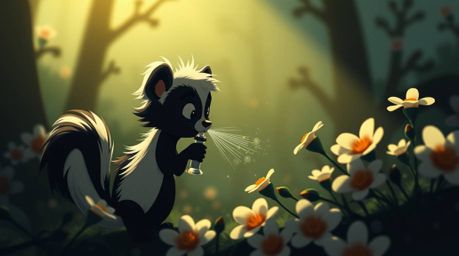 A cinematic style illustration featuring a cartoon skunk delicately spraying perfume onto flowers, rendered with a low contra