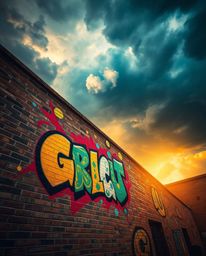 Dreamlike, surreal imagery of vibrant graffiti-style splashes adorning a brick wall under a dramatic, stormy sky.  A warm gol