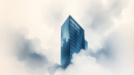A delicate watercolor painting depicts a modern glass building seamlessly dissolving into a stormy sky, with soft clouds blen
