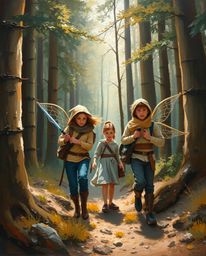 A captivating classic oil painting depicts a group of friends, each possessing unique powers, embarking on an adventure throu