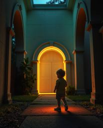 A stunning architectural color photograph captures a child's awe-inspiring moment of discovering a bioluminescent portal in t