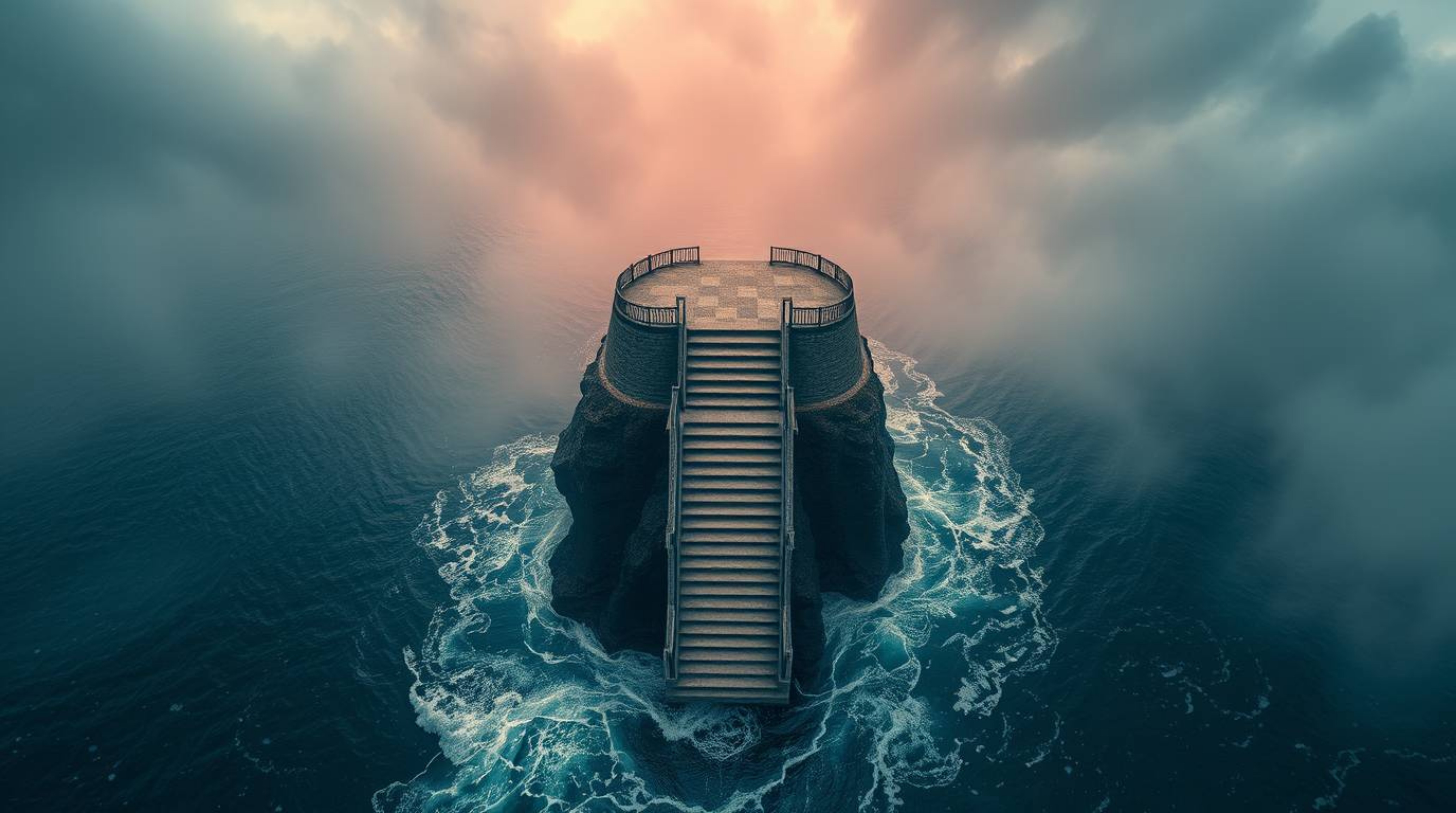 This surreal and dramatic image presents an overhead view of a staircase rising from the ocean into a stormy, infrared-toned 