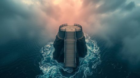 This surreal and dramatic image presents an overhead view of a staircase rising from the ocean into a stormy, infrared-toned 