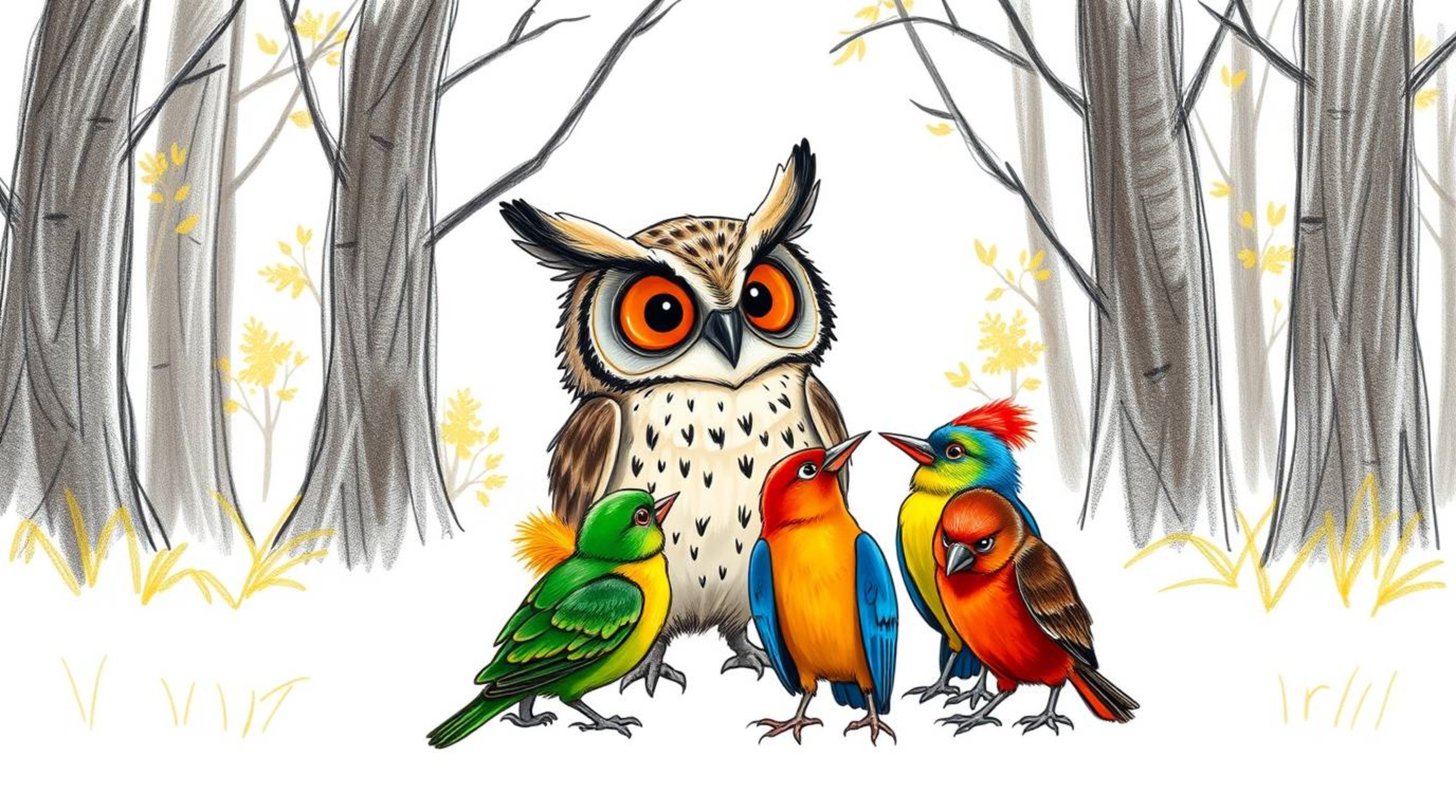 A charming Pixar-style hand-drawn sketch depicts a blind owl with large, attentive ears guiding a flock of vibrant birds.  Th