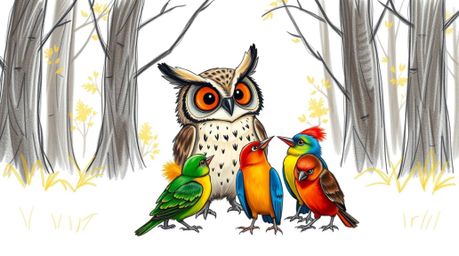 A charming Pixar-style hand-drawn sketch depicts a blind owl with large, attentive ears guiding a flock of vibrant birds.  Th