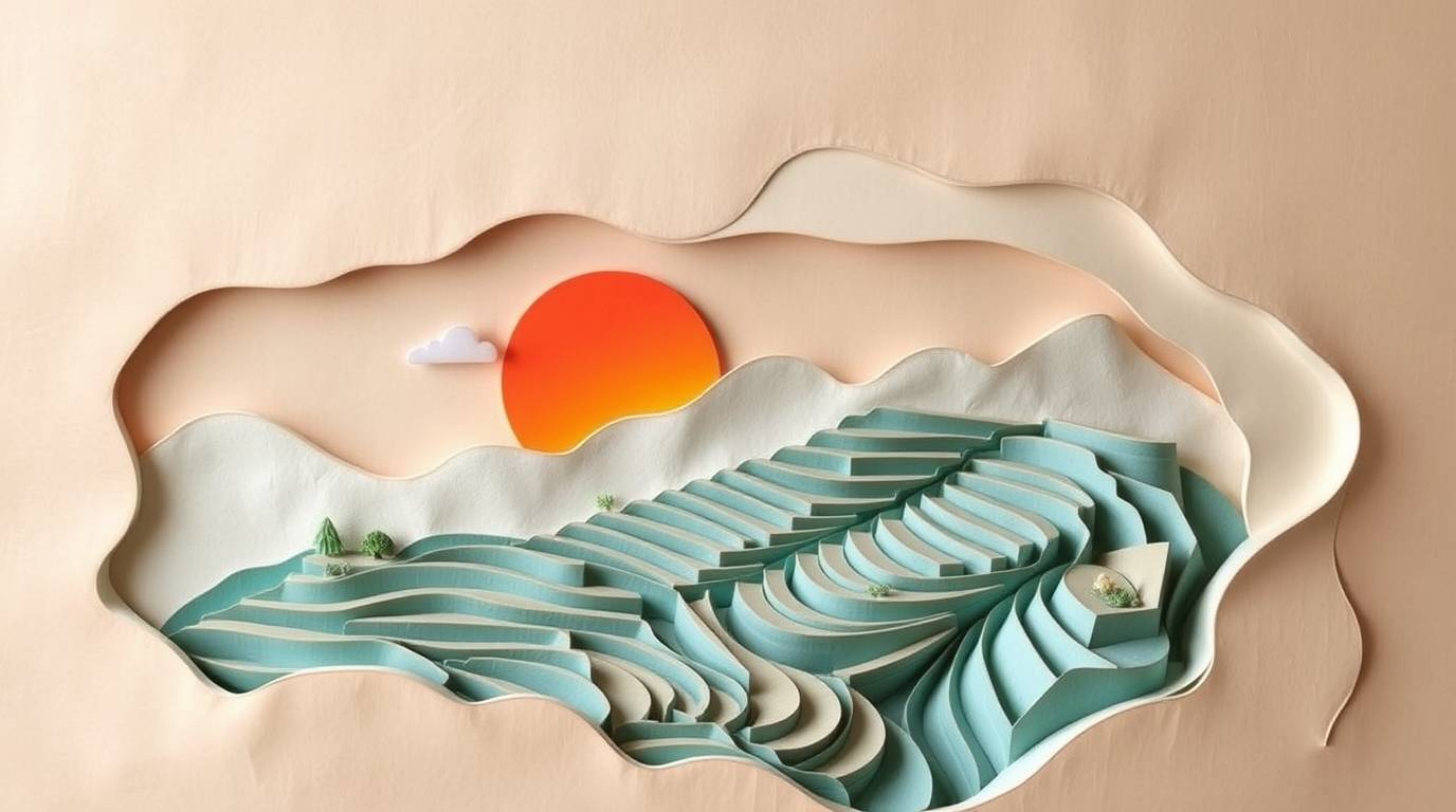 A graceful and elegant layered papier-mâché sculpture depicting a serene sunset over picturesque rice terraces.  The sculpted