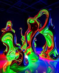 This stunning collection features vibrant, electric-colored mercury sculptures brought to life by intense, dramatic studio li