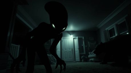 Immerse yourself in an intensely dark and eerie atmosphere depicting an alien residing in a suburban house. This artwork util