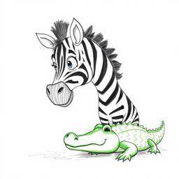 Detailed hand-drawn sketch in extreme macro of a 3D cartoon zebra and crocodile near a river. The zebra, with expressive eyes
