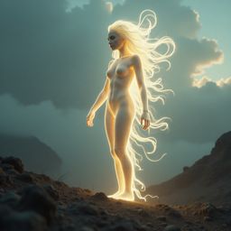 A luminous, ethereal being of androgynous form, composed of shimmering light and swirling energy, floats above a rugged alien
