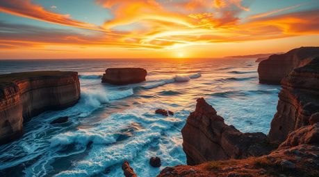 Dramatic 16:9 landscape photography showcasing the contrast between warm terracotta and cool teal tones.  Waves crash against