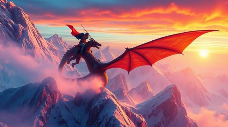 A breathtaking depiction of a dragon and its rider soaring above a majestic icy mountain range.  The scene is dominated by el