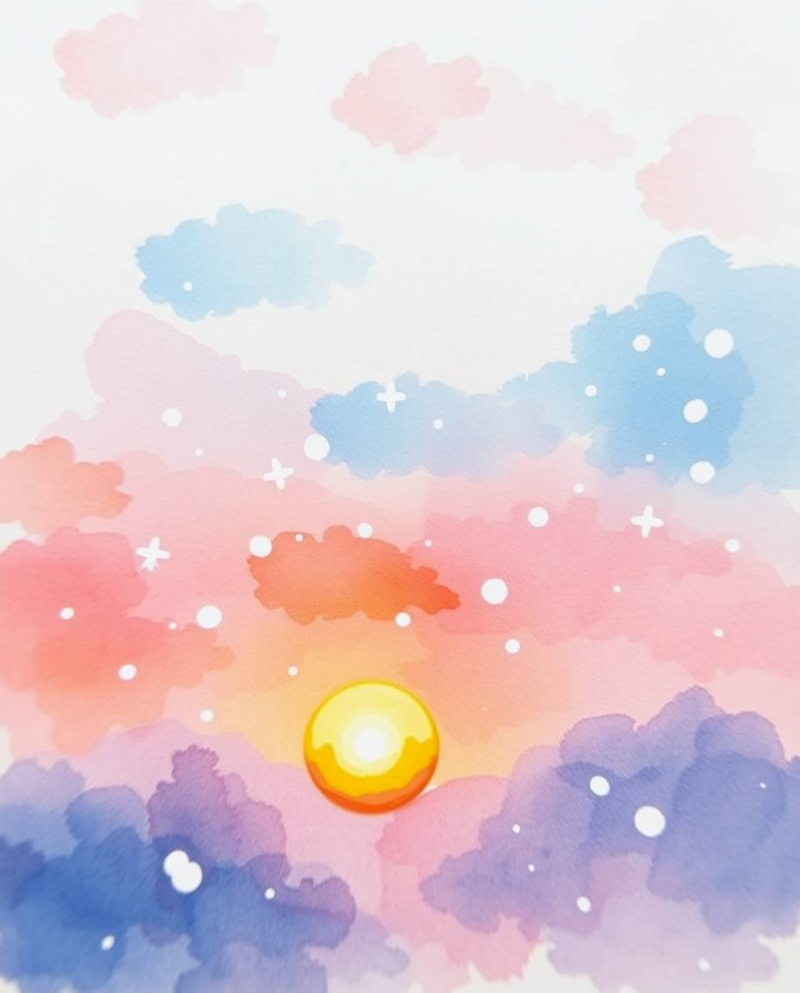 This delicate watercolor painting captures the enchanting scene of snowflakes falling during a vibrant sunset. Rendered in so