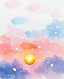This delicate watercolor painting captures the enchanting scene of snowflakes falling during a vibrant sunset. Rendered in so