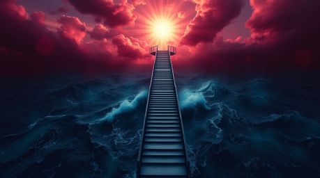 A dramatic overhead view showcases a staircase rising from a turbulent ocean towards a sky illuminated by a divine sunburst, 
