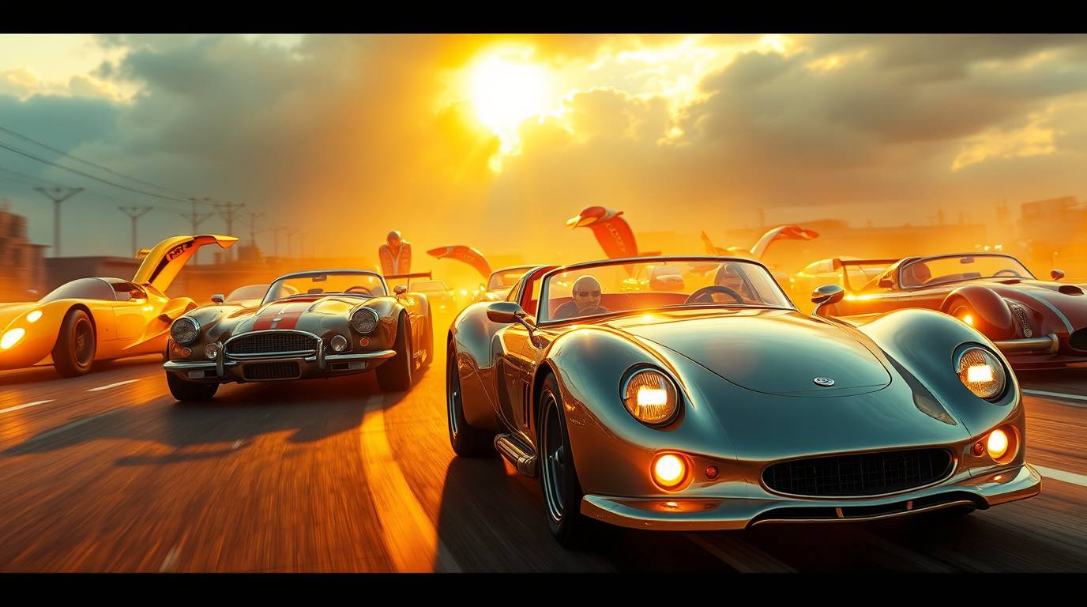 Experience a wacky and vibrant racing scene filled with outlandish cars bathed in a warm, golden light. This scene captures t