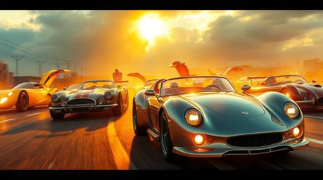 Experience a wacky and vibrant racing scene filled with outlandish cars bathed in a warm, golden light. This scene captures t