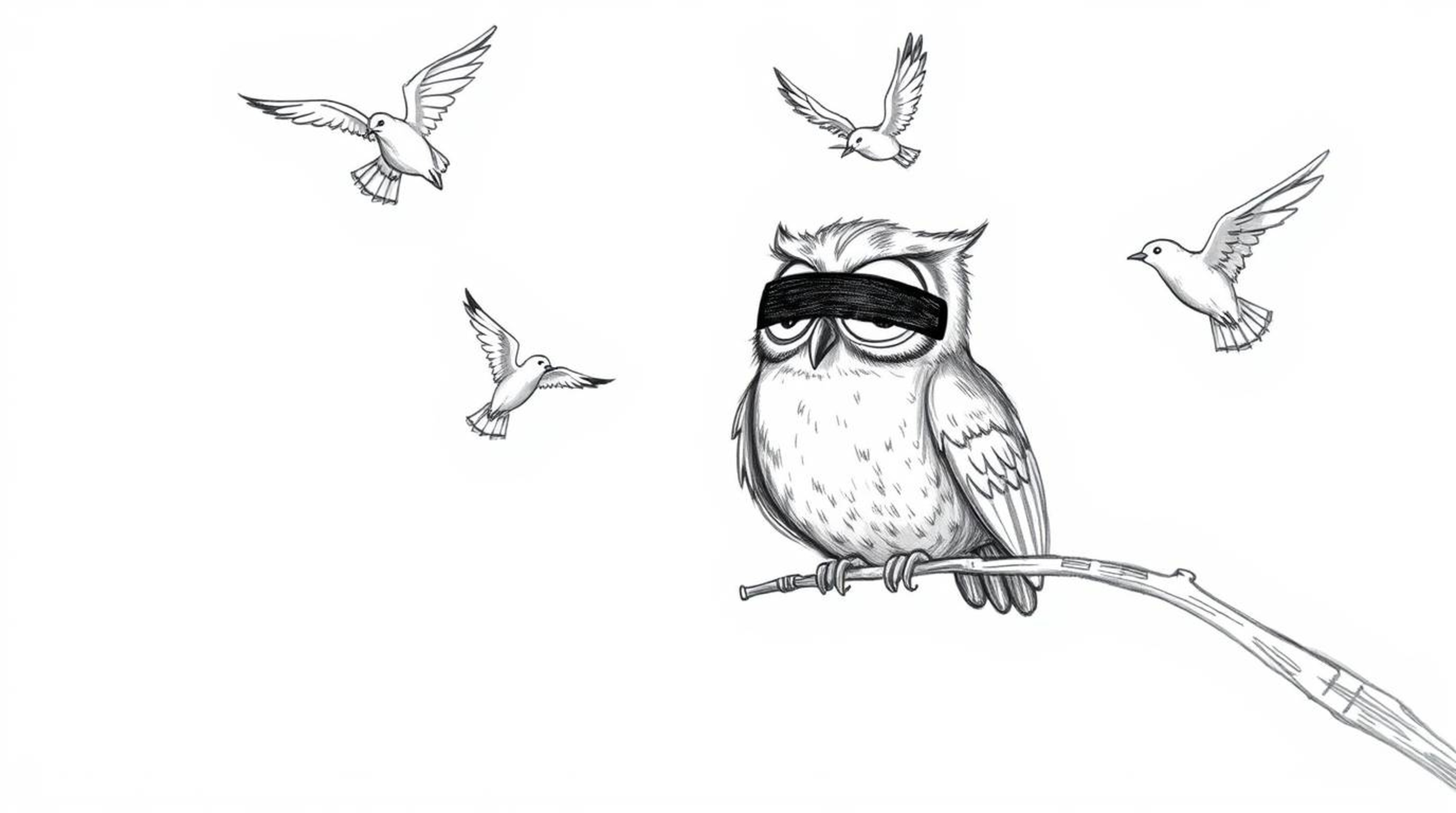 A whimsical, hand-drawn sketch in a Pixar-esque style depicts a blind owl patiently guiding birds in flight. Rendered with te
