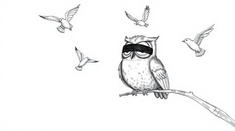 A whimsical, hand-drawn sketch in a Pixar-esque style depicts a blind owl patiently guiding birds in flight. Rendered with te