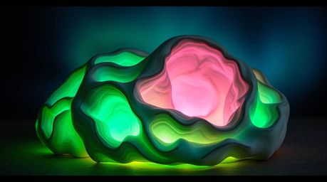 Explore captivating sculptural clay art featuring glowing bioluminescent colors and a gradient aurora borealis texture inspir
