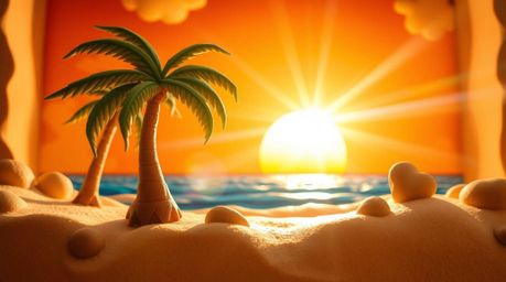 Discover stunning sculptural clay art depicting a vibrant tropical beach sunset.  Witness the mesmerizing interplay of light 